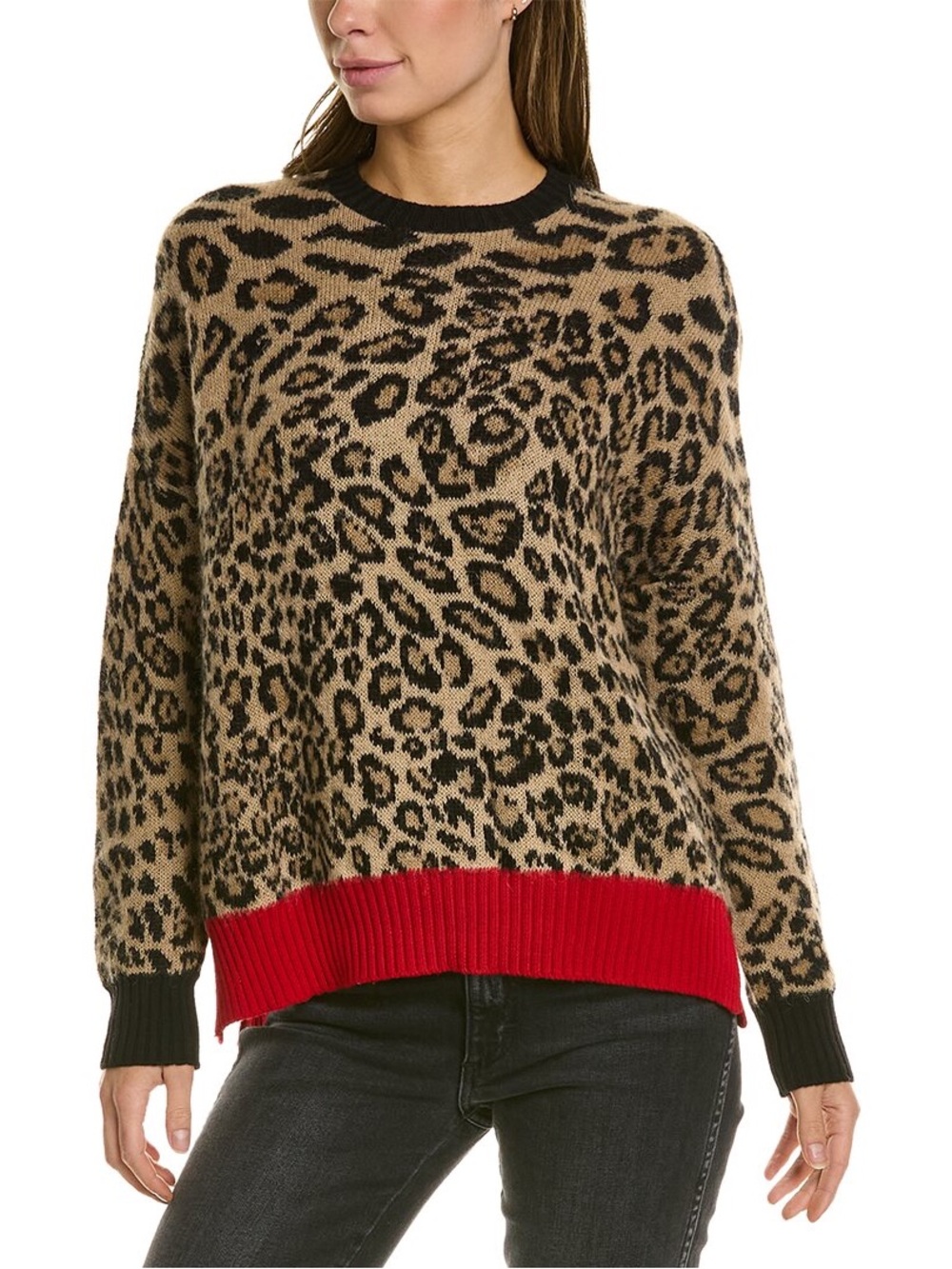 The Kooples Alpaca-blendLeopard Print Crewneck Sweater with Red Hem